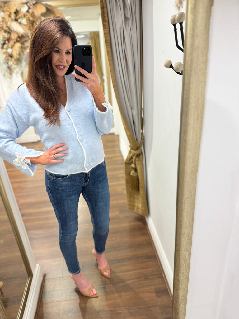 Aveen Lace Bow Cuff Cardigan (Blue)