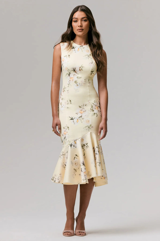 Priceless Print fishtail midi dress